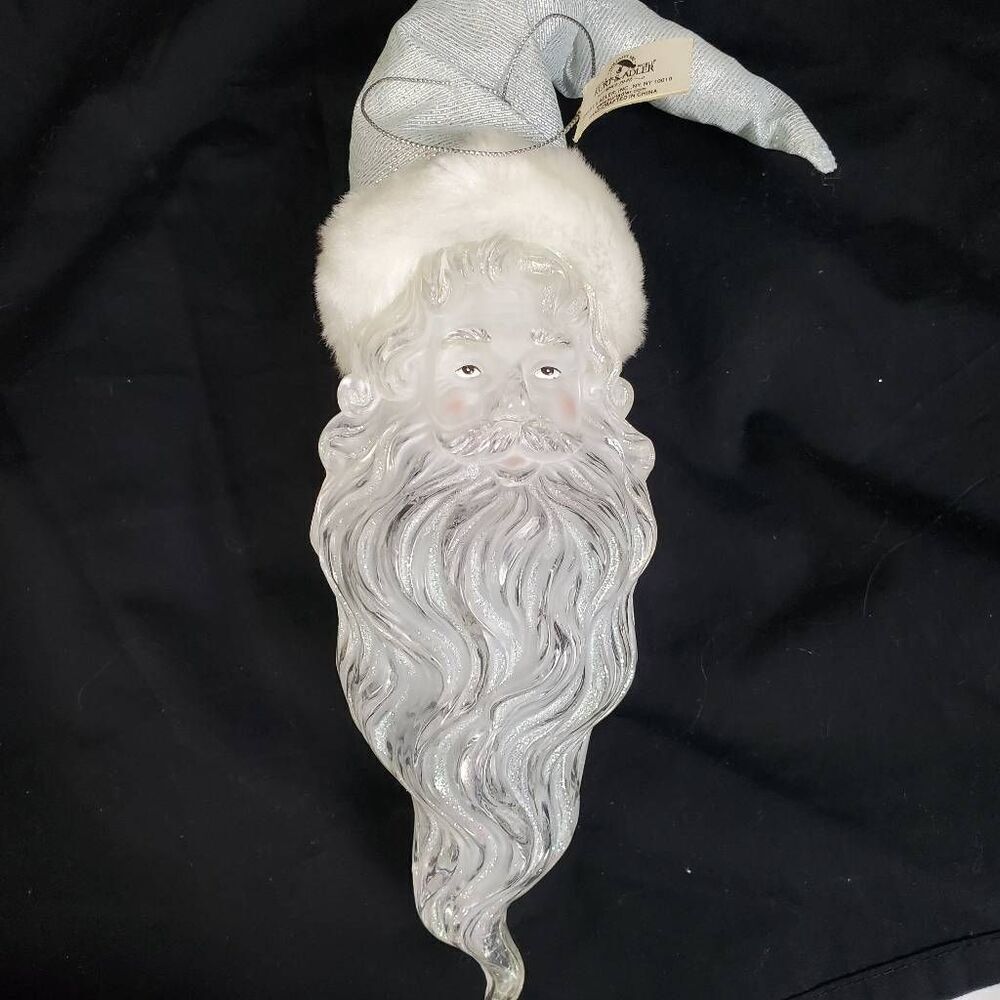 Kurt Adler Glass Santa Ornament 11" Frosted Face & Beard Iridescent Glitter Hand